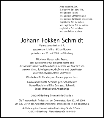 Traueranzeige von Johann Fokken Schmidt von Nordwest-Zeitung