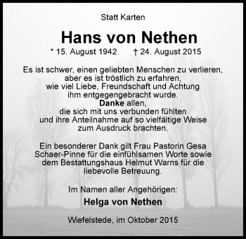 Traueranzeige von Hans  von Nethen von Nordwest-Zeitung