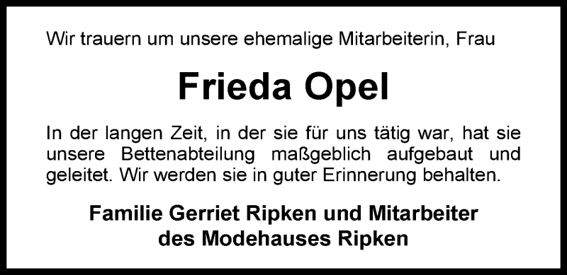  Traueranzeige für Frieda Opel vom 05.03.2015 aus Nordwest-Zeitung