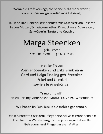 Traueranzeige von Marga Steenken von Nordwest-Zeitung