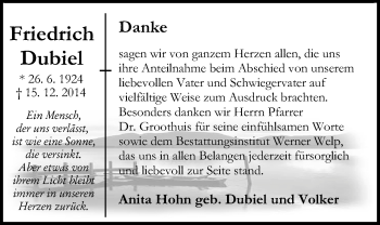 Traueranzeige von Friedrich Dubiel von Nordwest-Zeitung