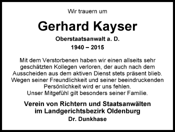 Traueranzeige von Gerhard Kayser von Nordwest-Zeitung