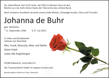 Traueranzeige von Johanna de Buhr von Nordwest-Zeitung