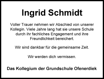 Traueranzeige von Ingrid Schmidt von Nordwest-Zeitung