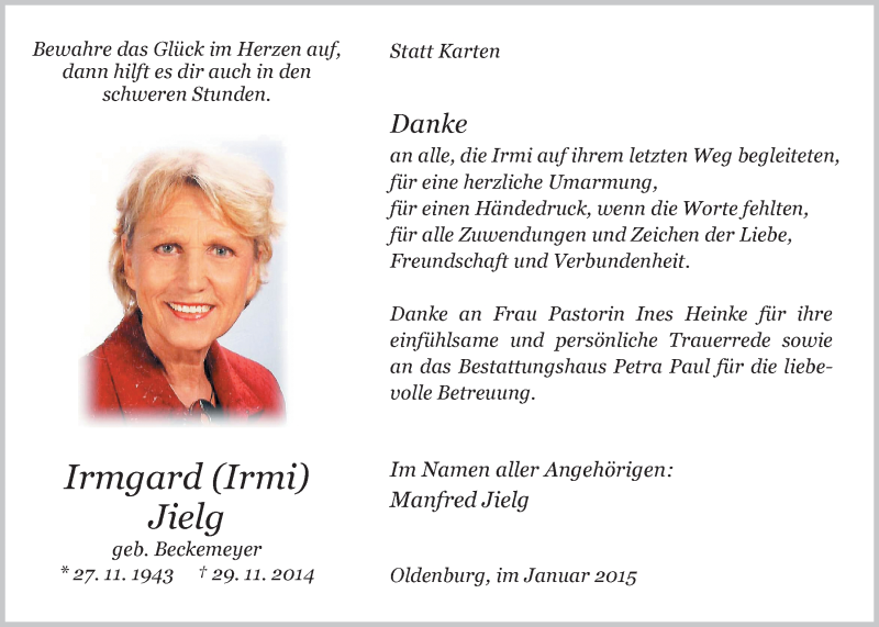  Traueranzeige für Irmgard Jielg vom 06.01.2015 aus Nordwest-Zeitung