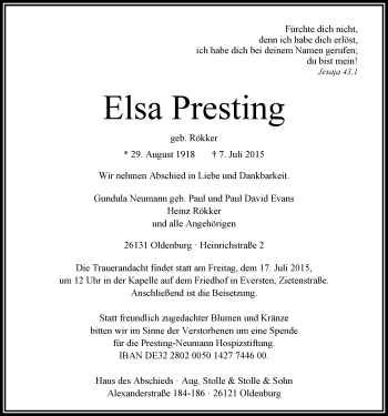 Traueranzeige von Elsa Presting von Nordwest-Zeitung