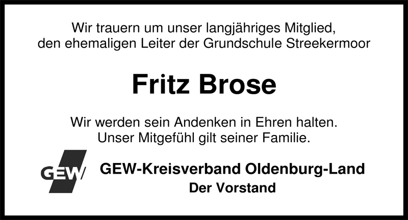 Traueranzeige für Fritz Brose vom 12.03.2009 aus Nordwest-Zeitung