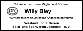 Traueranzeige von Willy Bley von Nordwest-Zeitung