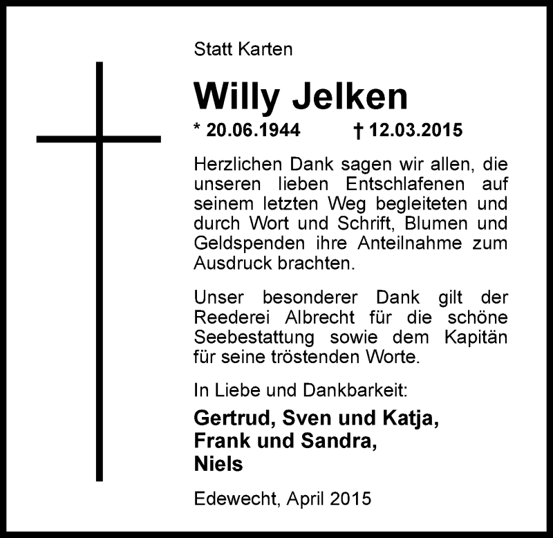  Traueranzeige für Willy Jelken vom 30.04.2015 aus Nordwest-Zeitung