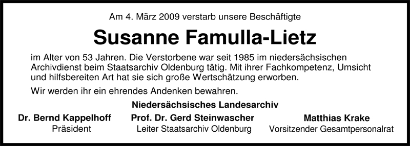  Traueranzeige für Susanne Famulla-Lietz vom 09.03.2009 aus Nordwest-Zeitung
