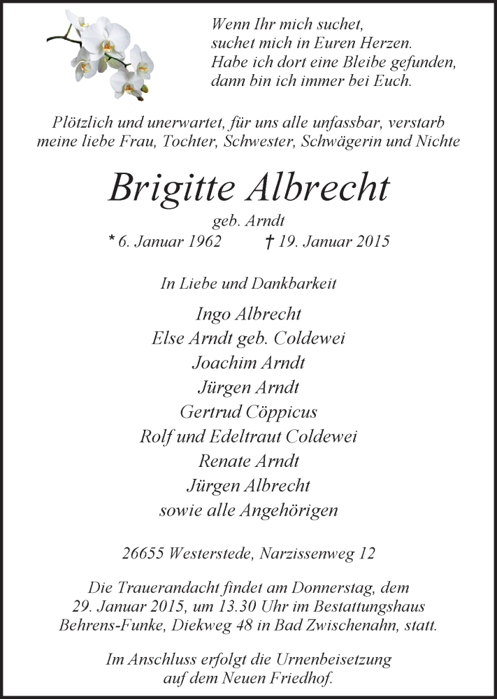  Traueranzeige für Brigitte Albrecht vom 24.01.2015 aus Nordwest-Zeitung