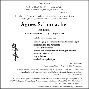 Traueranzeige von Agnes Schumacher von Nordwest-Zeitung