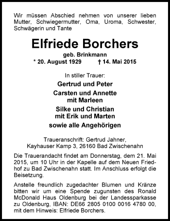 Traueranzeige von Elfriede Borchers von Nordwest-Zeitung
