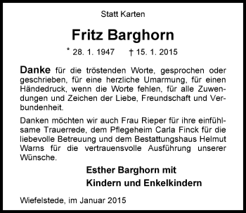 Traueranzeige von Fritz Barghorn von Nordwest-Zeitung