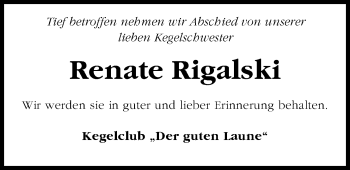 Traueranzeige von Renate Rigalski von Nordwest-Zeitung