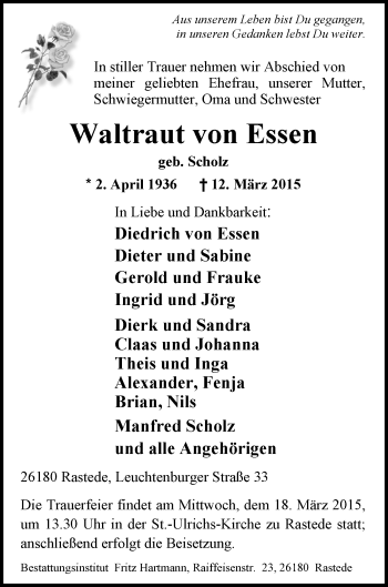 Traueranzeige von Waltraut  von Essen von Nordwest-Zeitung