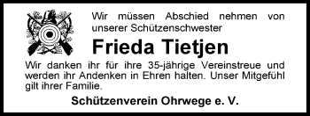 Traueranzeige von Frieda Tietjen von Nordwest-Zeitung