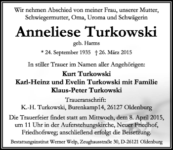 Traueranzeige von Anneliese Turkowski von Nordwest-Zeitung
