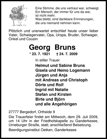 Traueranzeige von Georg Bruns von Nordwest-Zeitung