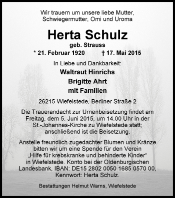 Traueranzeige von Herta Schulz von Nordwest-Zeitung