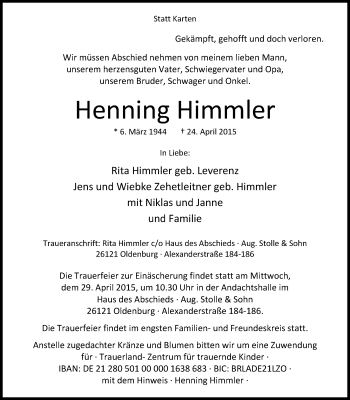 Traueranzeige von Henning Himmler von Nordwest-Zeitung