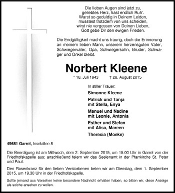 Traueranzeige von Norbert Kleenne von Nordwest-Zeitung