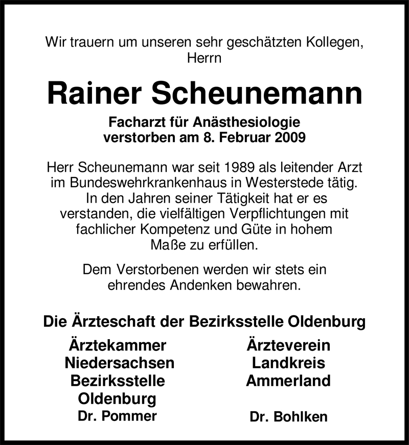  Traueranzeige für Rainer Scheunemann vom 17.02.2009 aus Nordwest-Zeitung