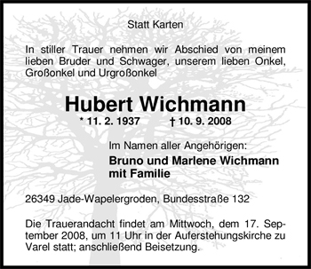 Traueranzeige von Hubert Wichmann von Nordwest-Zeitung