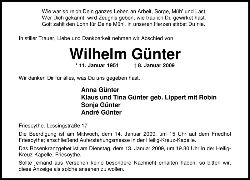  Traueranzeige für Wilhelm Günter vom 10.01.2009 aus Nordwest-Zeitung