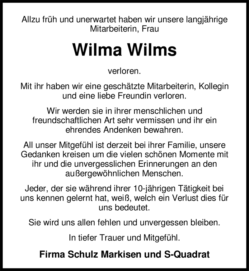 Traueranzeige für Wilma Wilms vom 20.06.2009 aus Nordwest-Zeitung