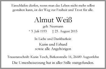 Traueranzeige von Almut Weiß von Nordwest-Zeitung