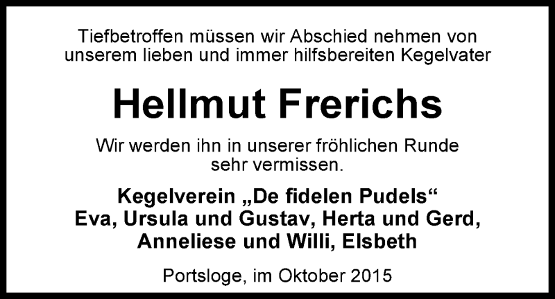  Traueranzeige für Hellmut Frerichs vom 24.10.2015 aus Nordwest-Zeitung