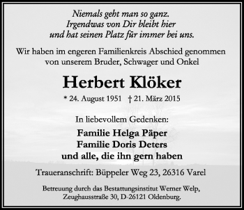 Traueranzeige von Herbert Klöker von Nordwest-Zeitung