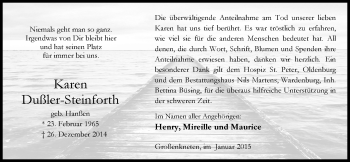 Traueranzeige von Karen Dußler-Steinforth von Nordwest-Zeitung