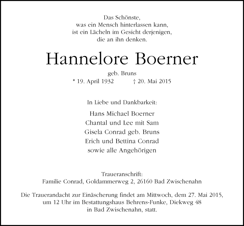  Traueranzeige für Hannelore Boerner vom 23.05.2015 aus Nordwest-Zeitung