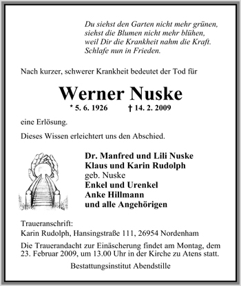 Traueranzeige von Werner Nuske von Nordwest-Zeitung