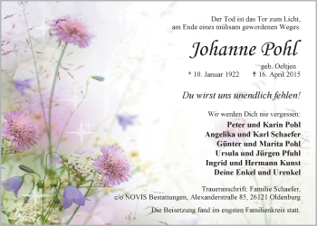 Traueranzeige von Johanne Pohl von Nordwest-Zeitung