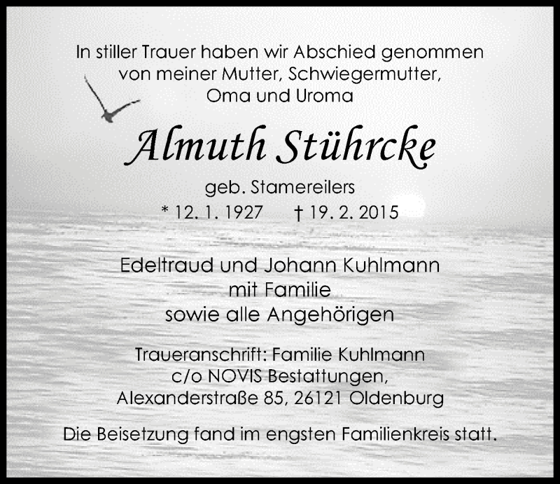  Traueranzeige für Almuth Stührcke vom 28.02.2015 aus Nordwest-Zeitung