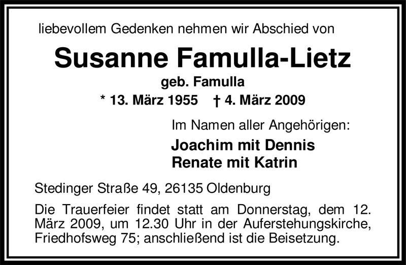  Traueranzeige für Susanne Famulla-Lietz vom 09.03.2009 aus Nordwest-Zeitung