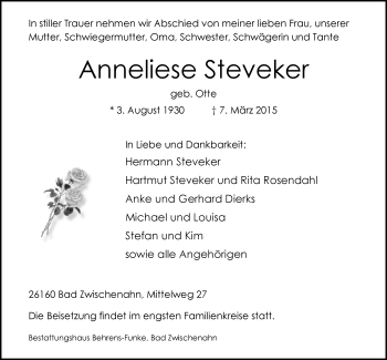 Traueranzeige von Anneliese Steveker von Nordwest-Zeitung
