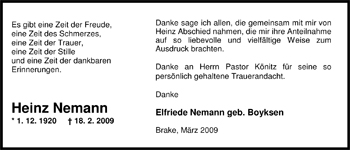 Traueranzeige von Heinz Nemann von Nordwest-Zeitung