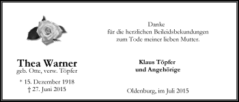 Traueranzeige von Thea Warner von Nordwest-Zeitung