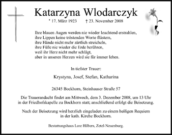 Traueranzeige von Katarzyna Wlodarczyk von Nordwest-Zeitung