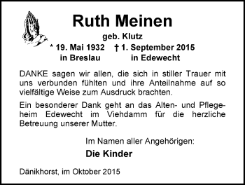 Traueranzeige von Ruth Meinen von Nordwest-Zeitung