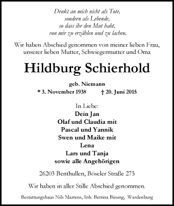 Traueranzeige von Hildburg Schierhold von Nordwest-Zeitung