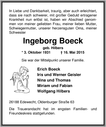 Traueranzeige von Ingeborg Boeck von Nordwest-Zeitung