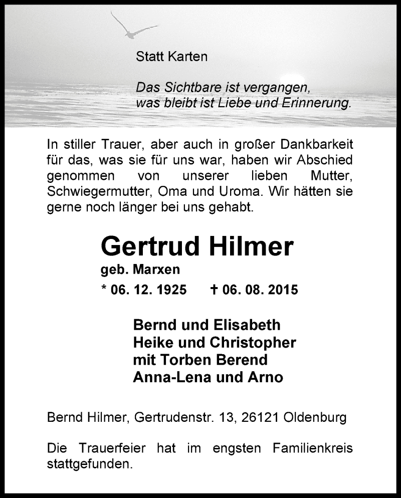  Traueranzeige für Gertrud Hilmer vom 15.08.2015 aus Nordwest-Zeitung