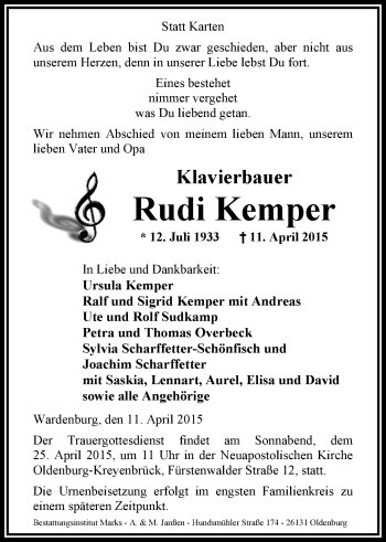 Traueranzeige von Rudi Kemper von Nordwest-Zeitung
