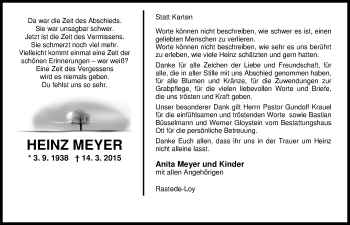 Traueranzeige von Heinz Meyer von Nordwest-Zeitung