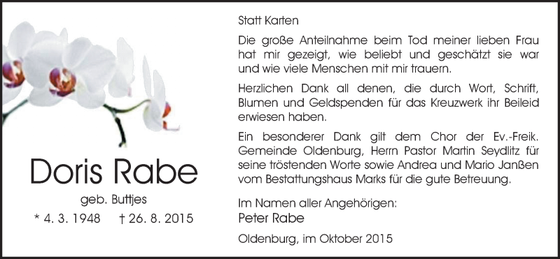  Traueranzeige für Doris Rabe vom 10.10.2015 aus Nordwest-Zeitung